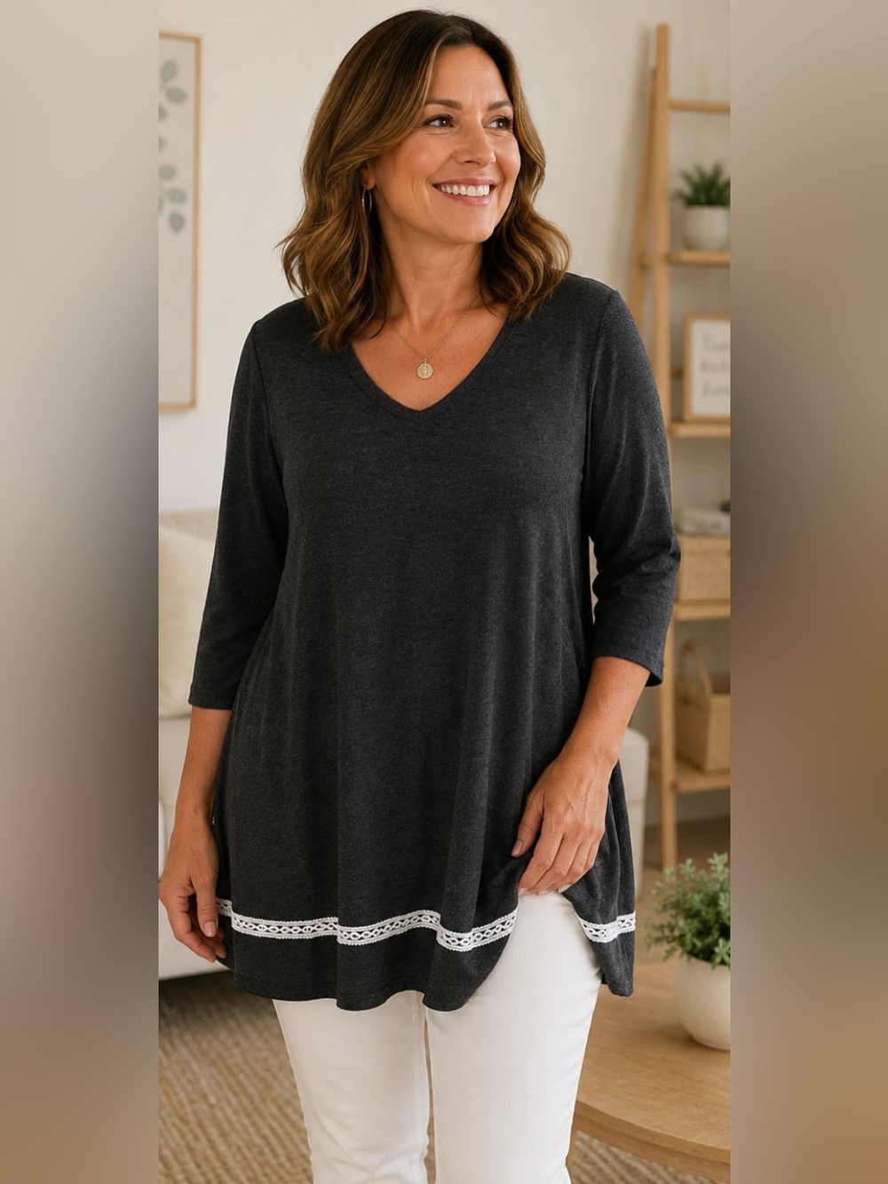 Relaxed V-Neck Tunic with Lace Hem in Charcoal